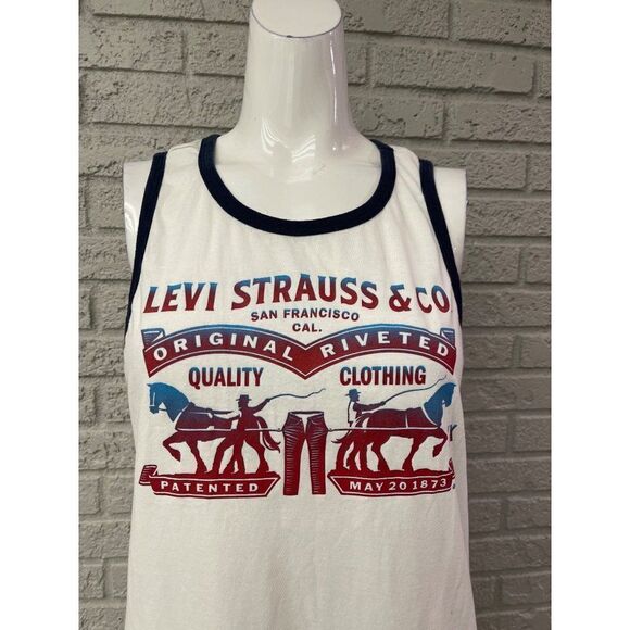 Vintage Levi’s Strauss & Co. White with Blue Trim Sleeveless Tank Top Size M - Picture 5 of 6